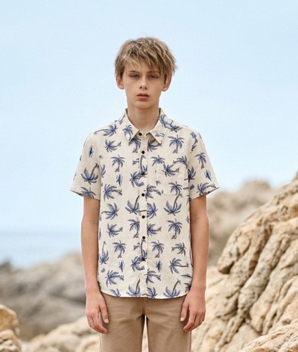 Katin Kingston Short Sleeve Button Up White /Blue Palms Shirt Boys L 14-16 GUC